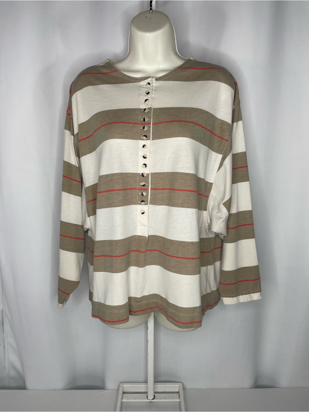 Vintage Sears Striped Henley Top  Beige  Oversized Dolman Sleeve Retro 80s 90s